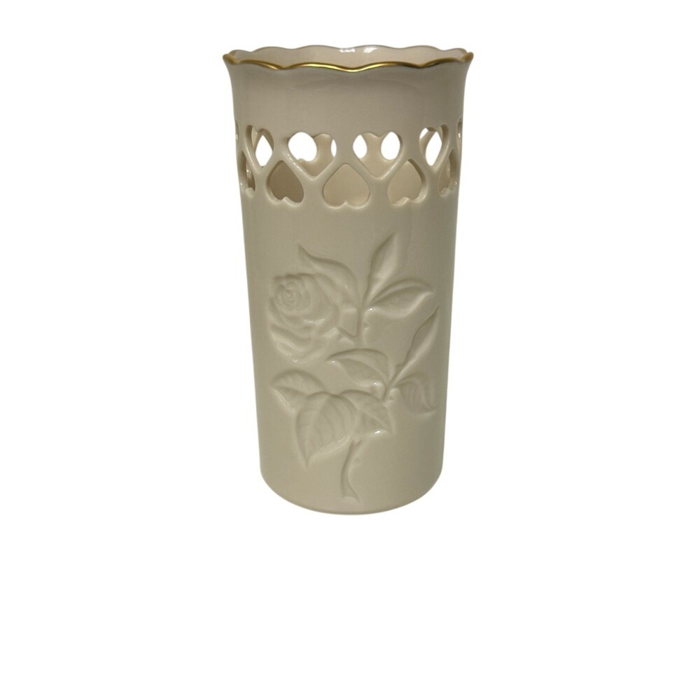 Lenox China Heart Vase Embossed Rose 24K Gold Trim Ivory Pierced Bud Vase USA